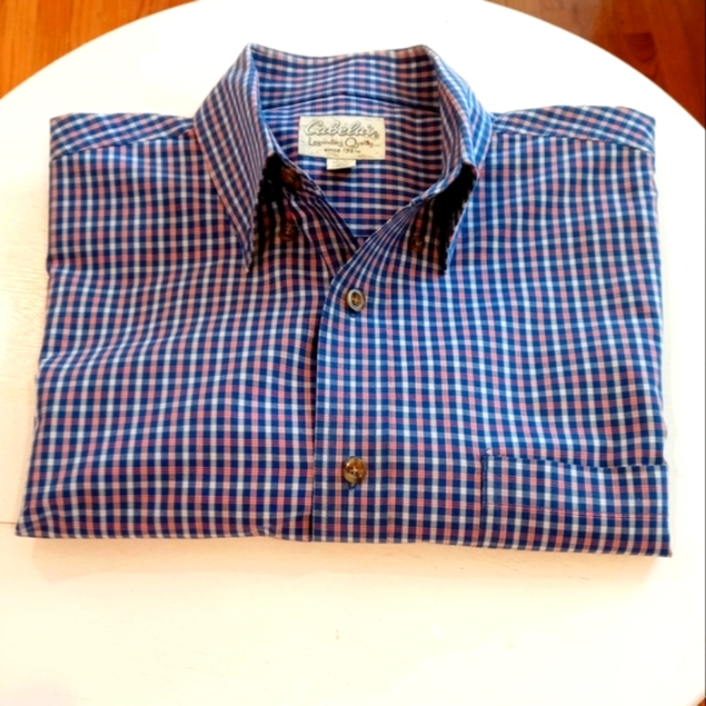Cabela's - 100% cotton, blue and red short sleeve stripe shirt.